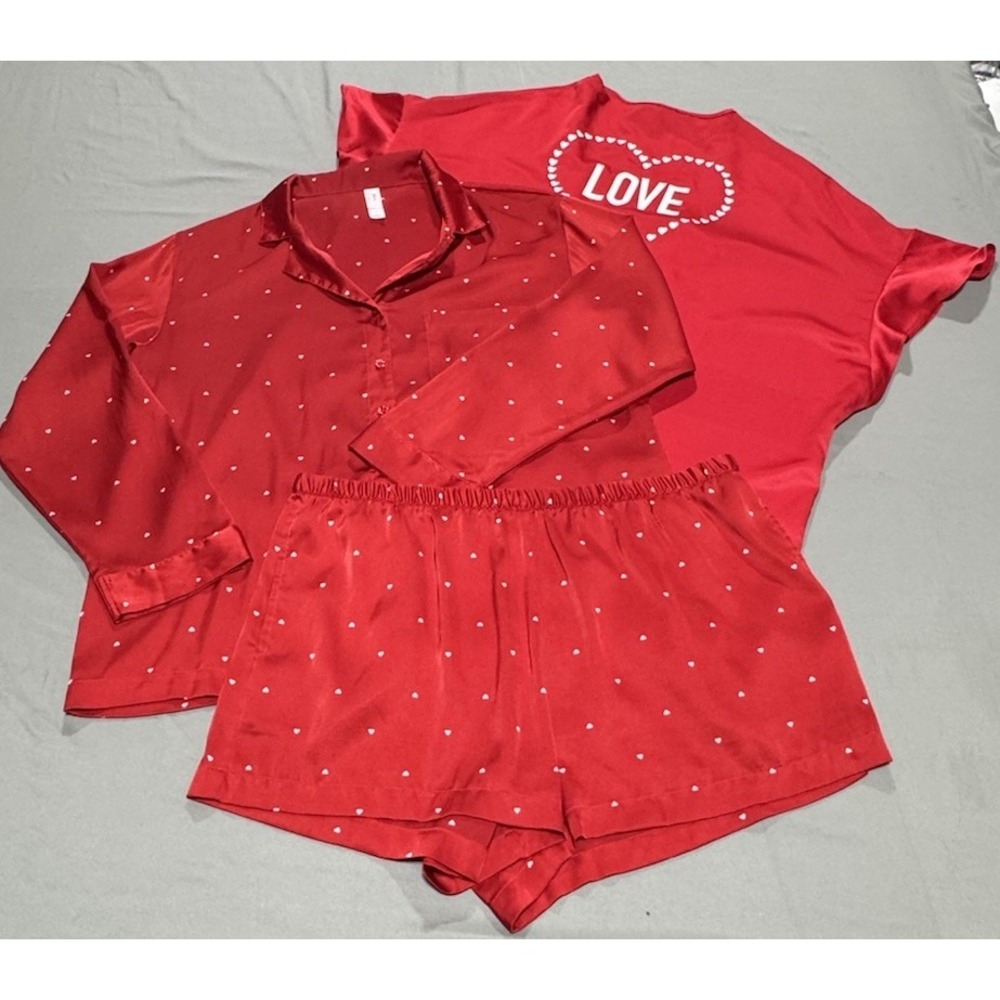 Red Silky Pajama Lot Women XL – Red Heart Sleep Set w/ Victoria's Secret Robe